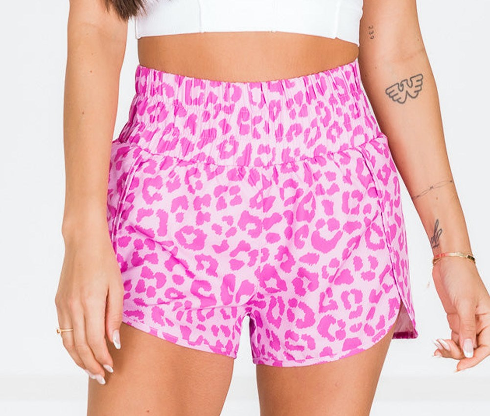 Pink Leopard Curve Hem Shorts