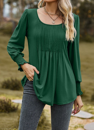 Pintuck Pleated Smocked Long Sleeve Top