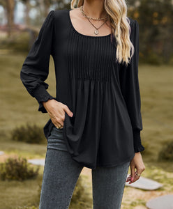 Pintuck Pleated Smocked Long Sleeve Top