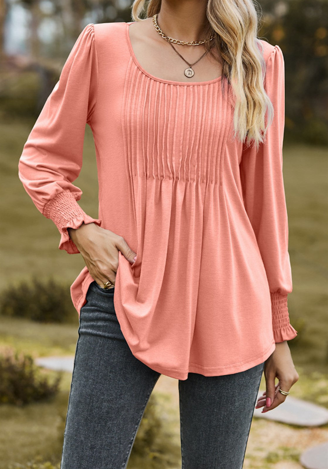 Pintuck Pleated Smocked Long Sleeve Top