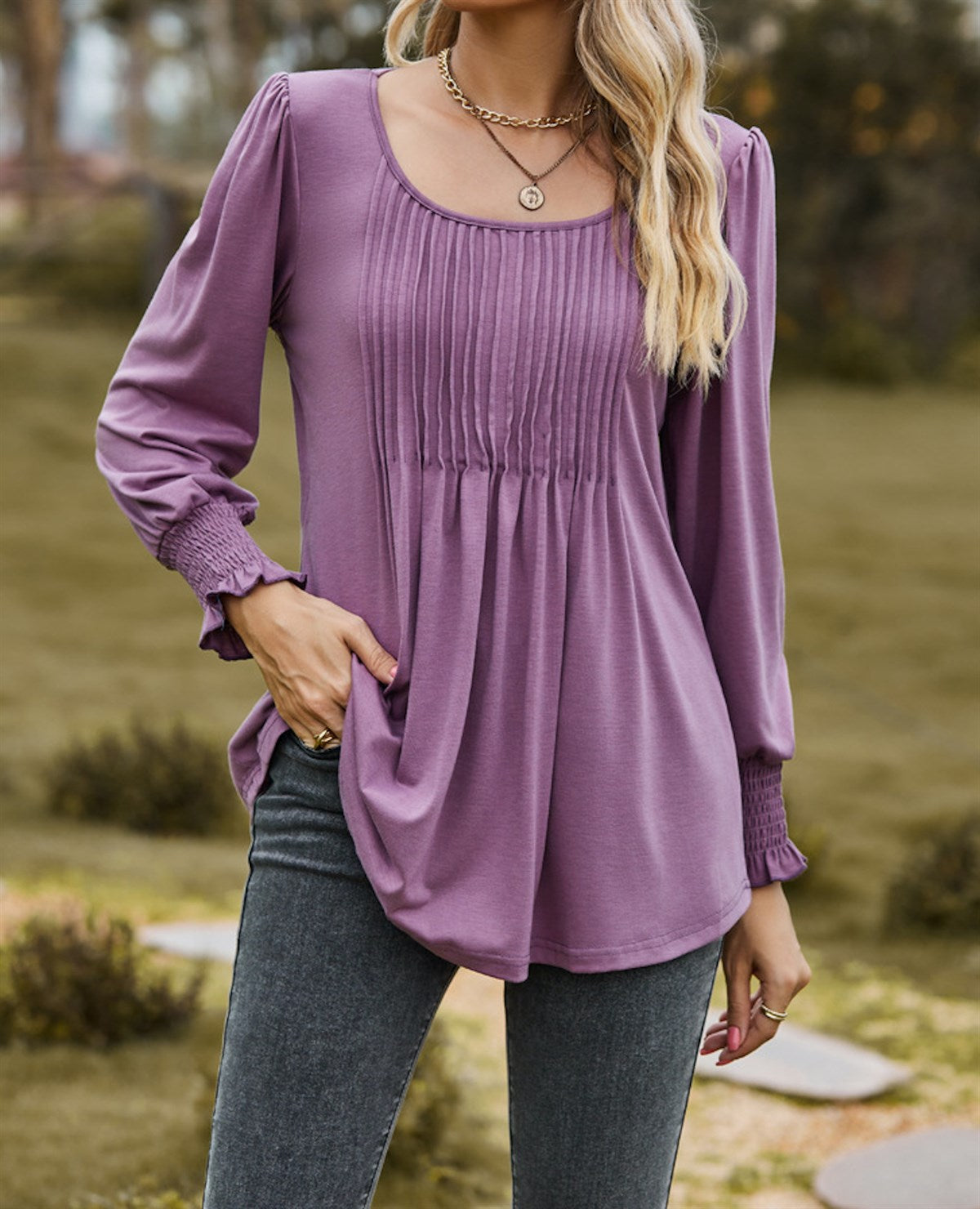 Pintuck Pleated Smocked Long Sleeve Top