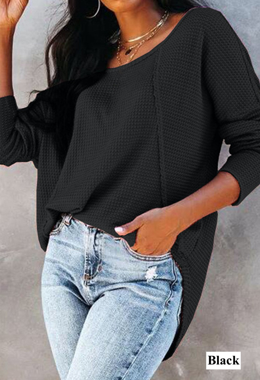 Pleated Back Long Sleeve Waffle Top