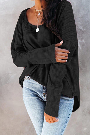 Pleated Back Long Sleeve Waffle Top