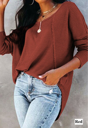 Pleated Back Long Sleeve Waffle Top