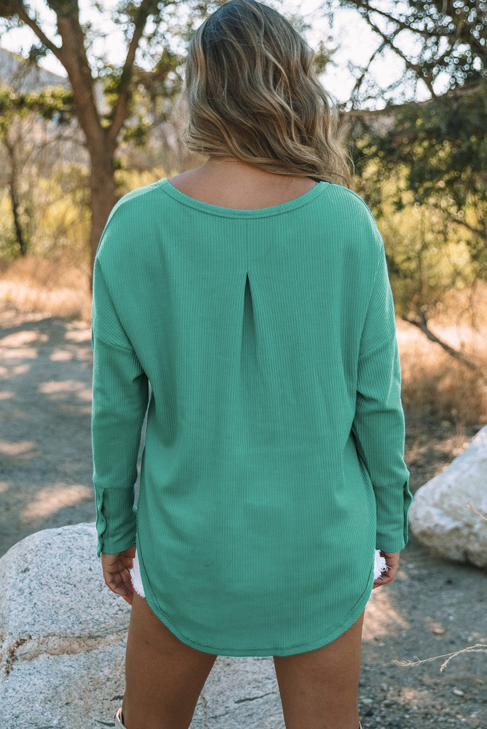 Pleated Back Long Sleeve Waffle Top