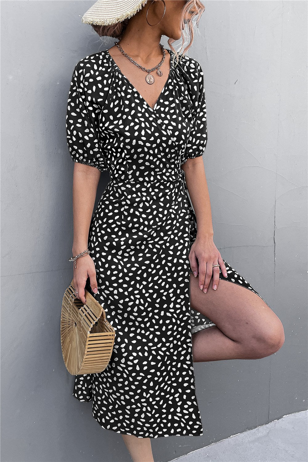 Puff Sleeve Dotted Wrap Dress