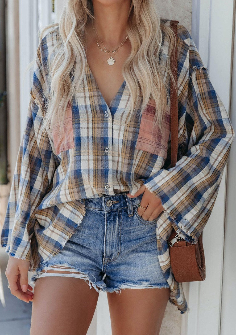 Relaxed Mixed Plaid Pocket Top