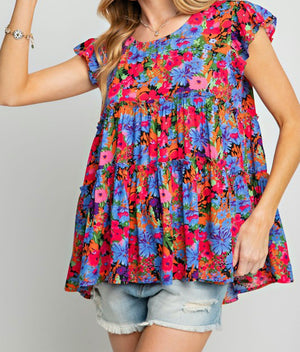 Relaxed Tiered Floral Ruffled Top