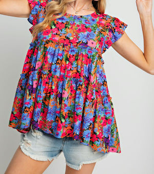 Relaxed Tiered Floral Ruffled Top