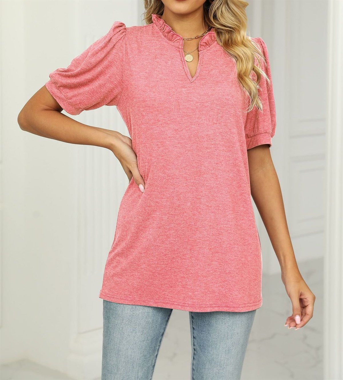 Ruffled Neck Doll Sleeve Tunic Top