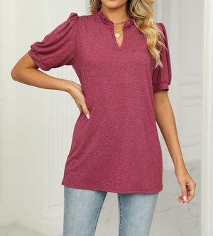 Ruffled Neck Doll Sleeve Tunic Top