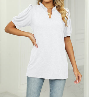 Ruffled Neck Doll Sleeve Tunic Top