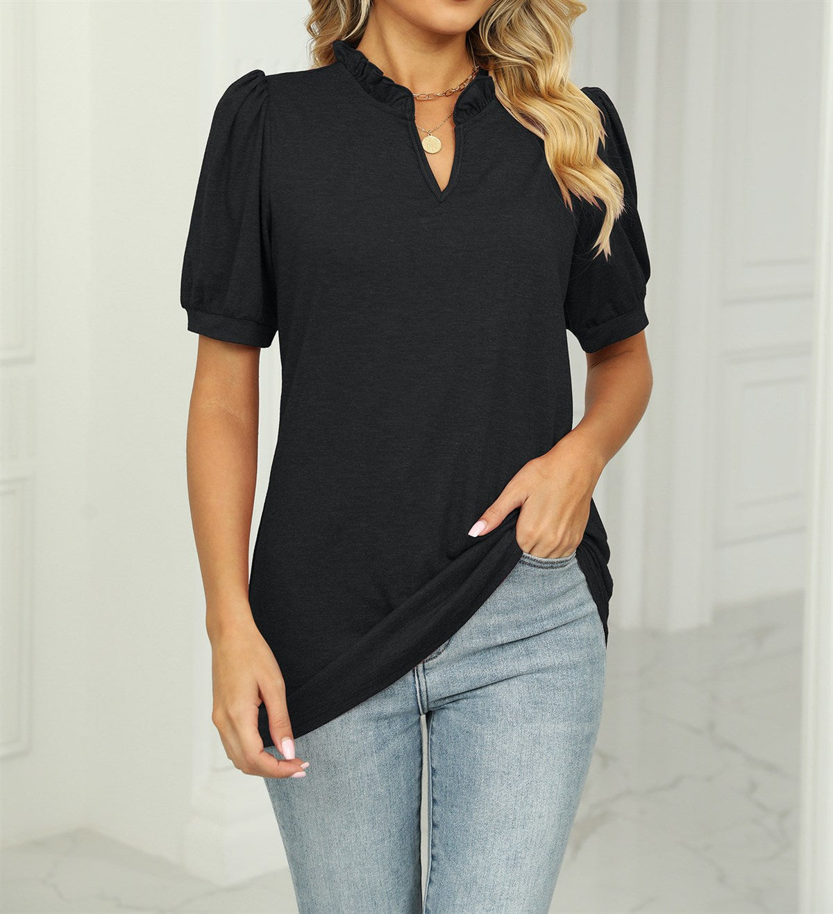 Ruffled Neck Doll Sleeve Tunic Top