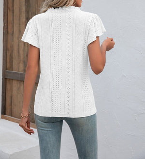 Ruffled V Neck Eyelet Lace Butterfly Sleeve Top