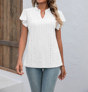 Ruffled V Neck Eyelet Lace Butterfly Sleeve Top