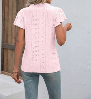 Ruffled V Neck Eyelet Lace Butterfly Sleeve Top