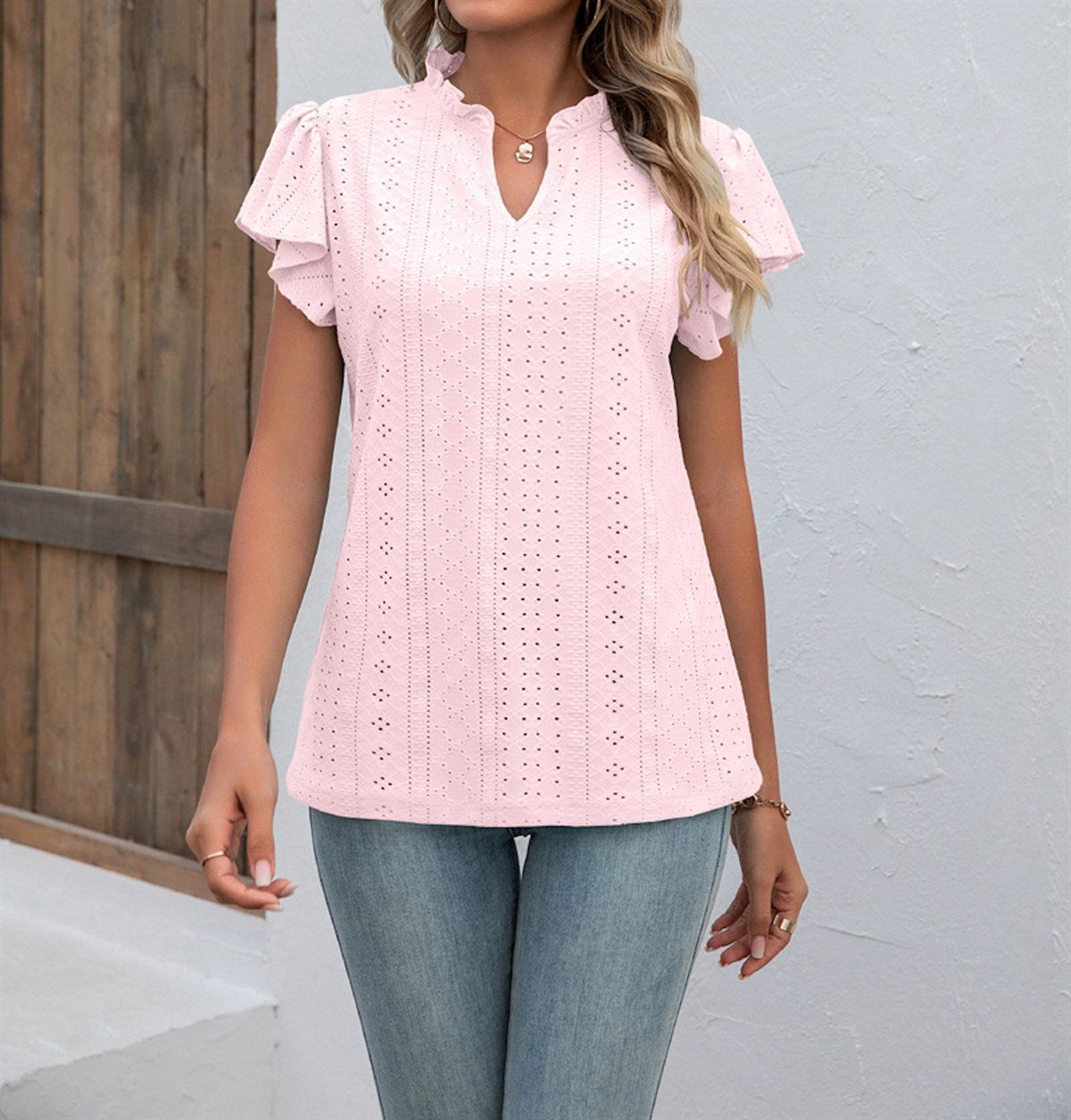 Ruffled V Neck Eyelet Lace Butterfly Sleeve Top