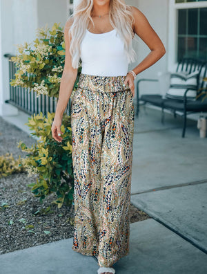 Shirred High Waist Floral Palazzo Wide Leg Pants