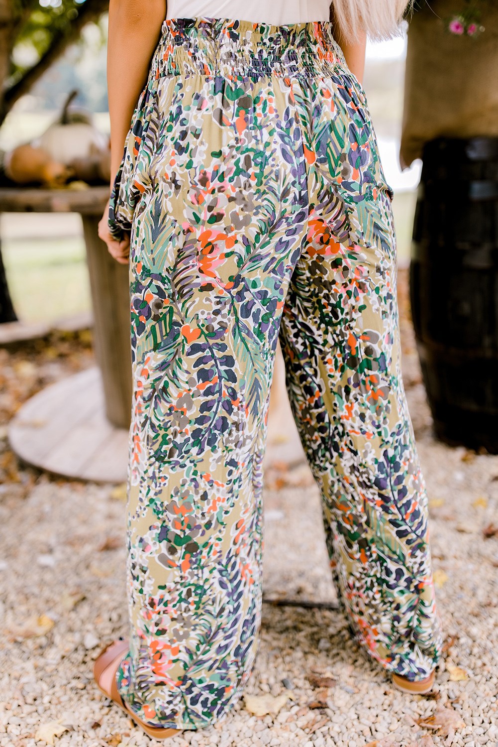 Shirred High Waist Floral Palazzo Wide Leg Pants