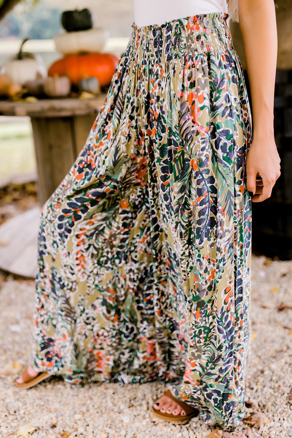 Shirred High Waist Floral Palazzo Wide Leg Pants