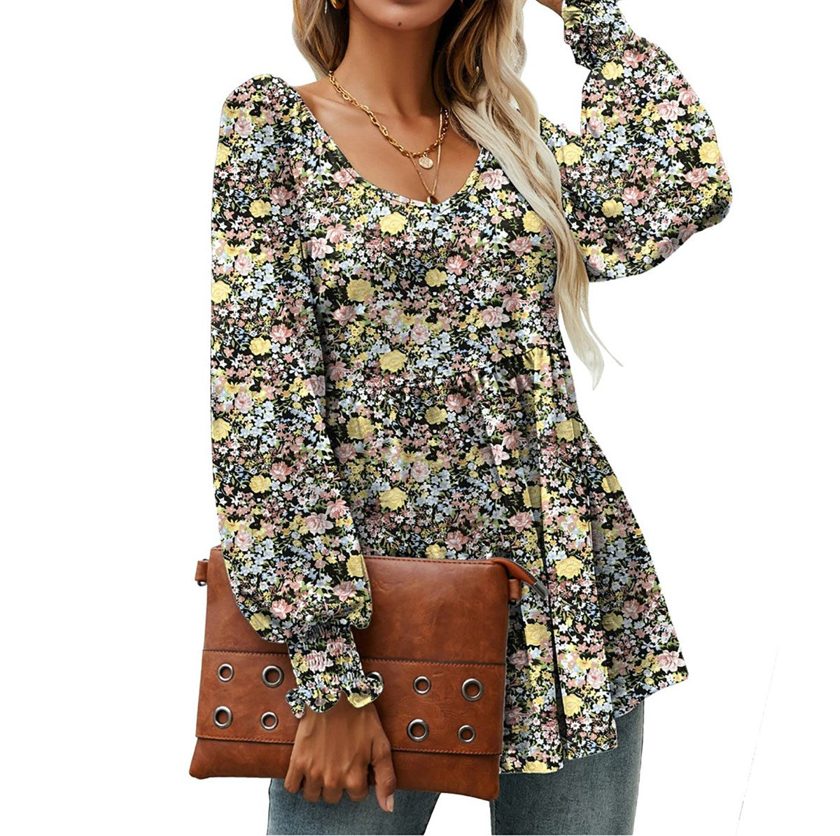 Shirred Sleeves Calico Floral Top