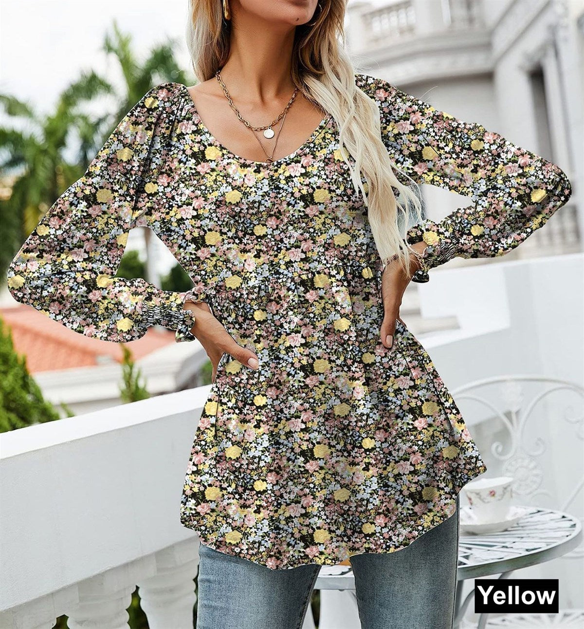 Shirred Sleeves Calico Floral Top