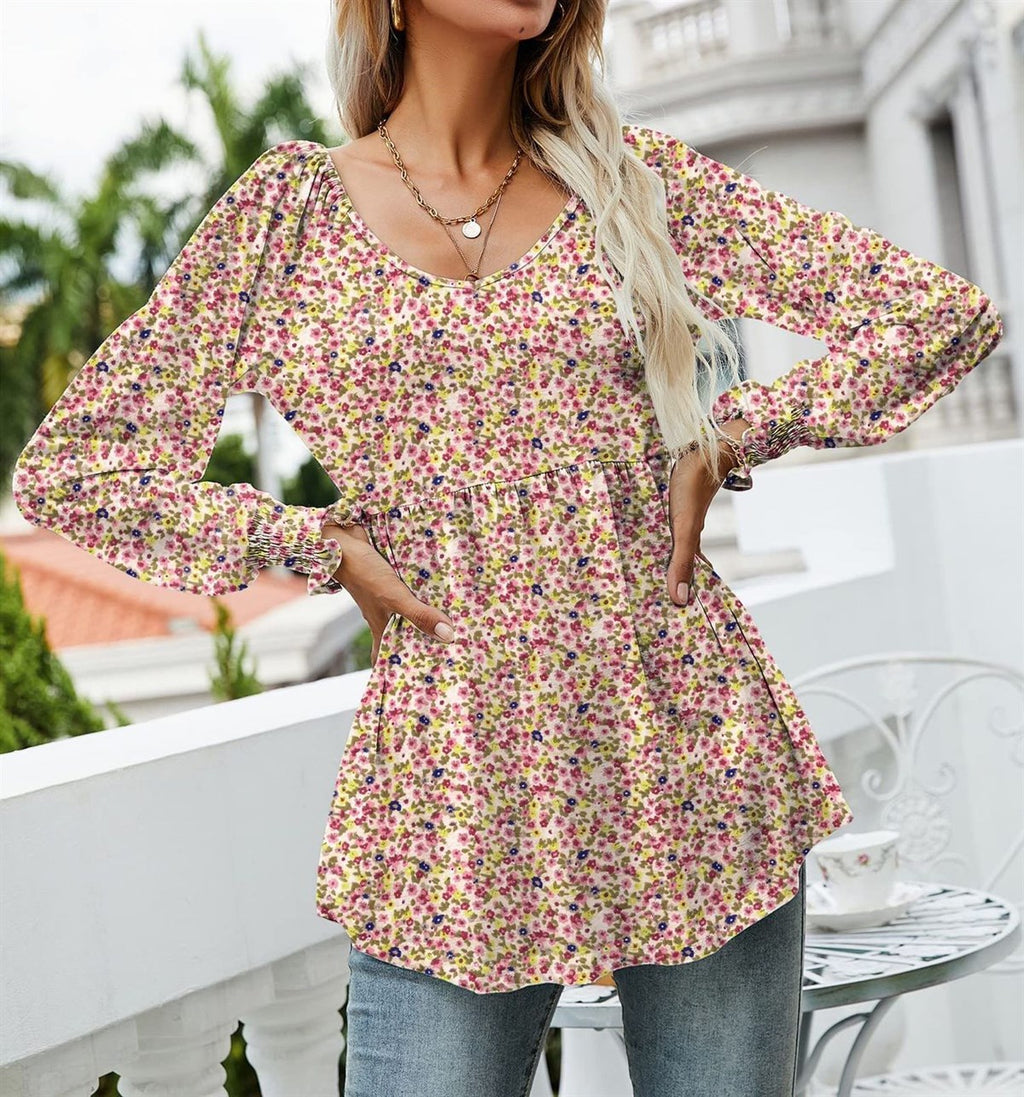 Shirred Sleeves Calico Floral Top