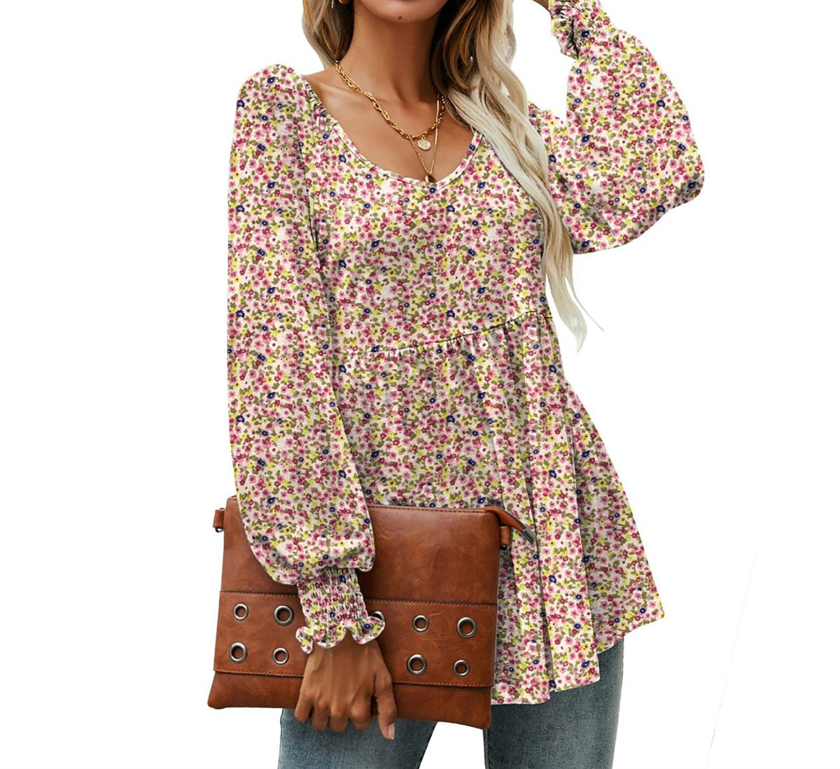 Shirred Sleeves Calico Floral Top