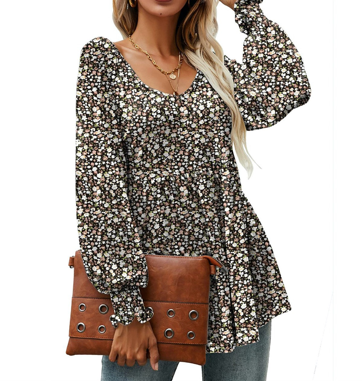 Shirred Sleeves Calico Floral Top