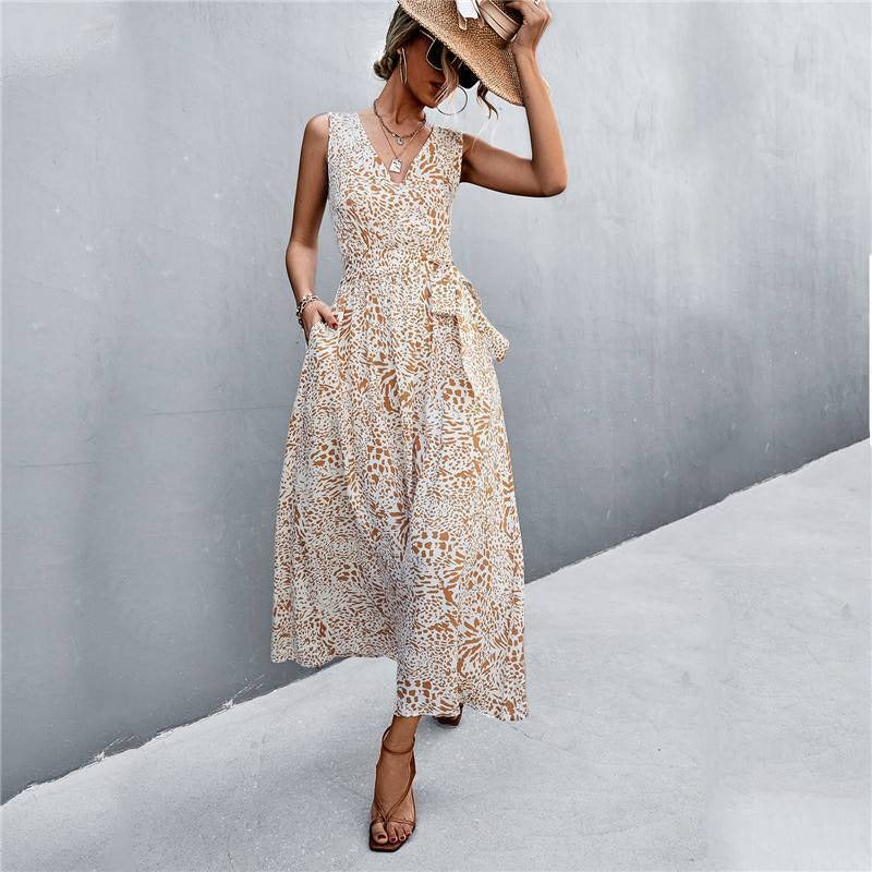 Sleeveless Print Belted Maxi Dress