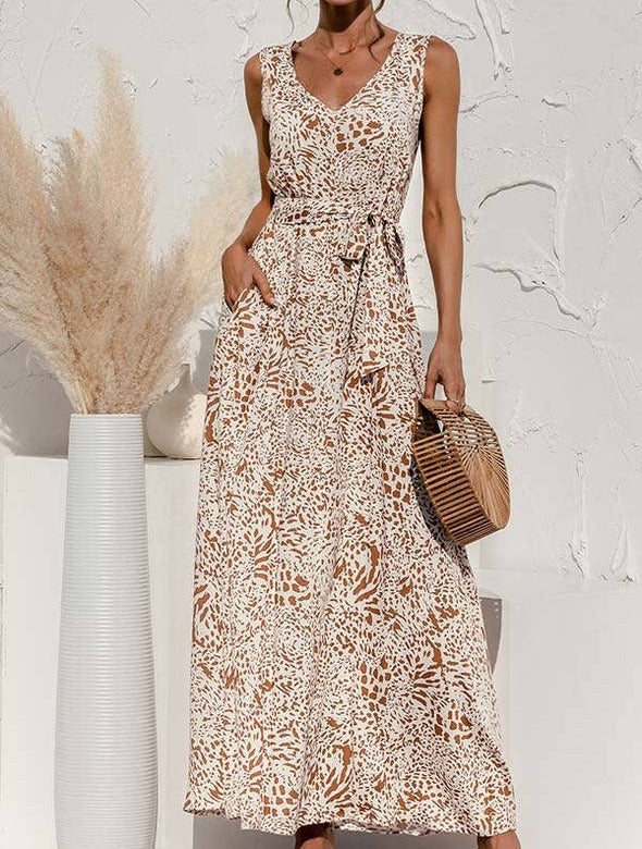 Sleeveless Print Belted Maxi Dress