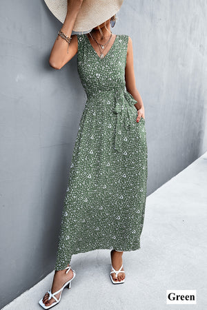 Sleeveless Print Belted Maxi Dress