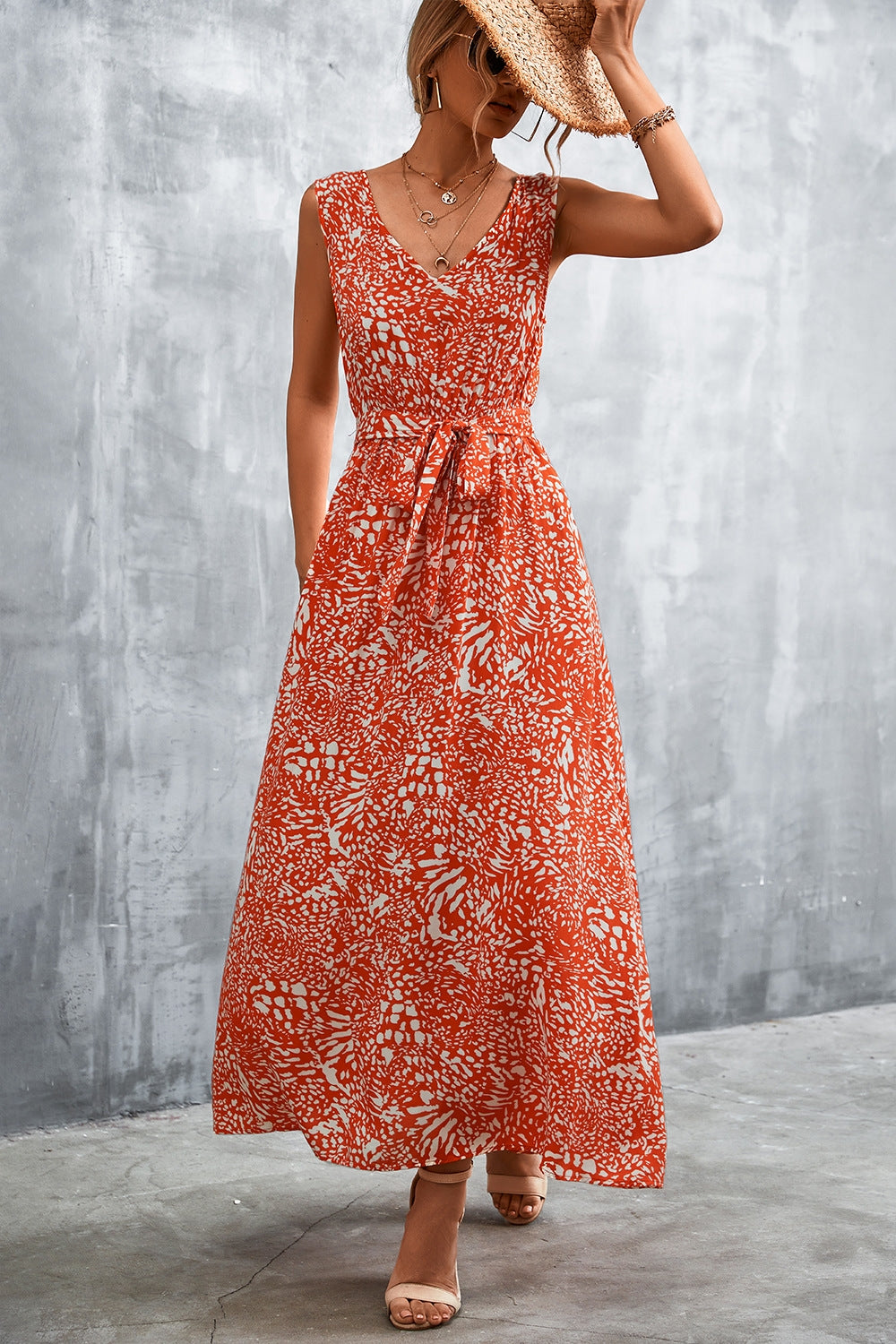 Sleeveless Print Belted Maxi Dress