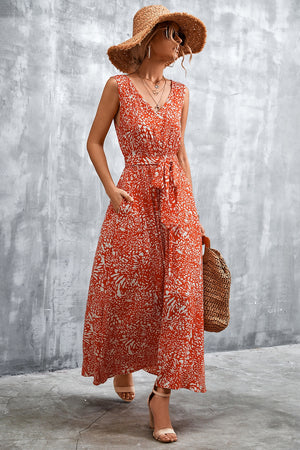 Sleeveless Print Belted Maxi Dress