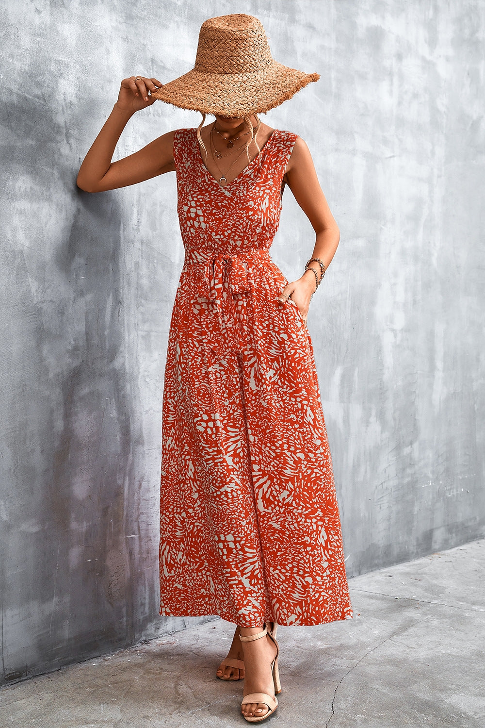 Sleeveless Print Belted Maxi Dress