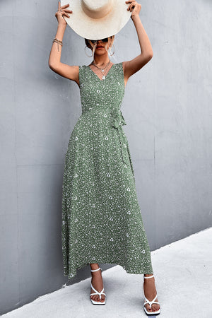 Sleeveless Print Belted Maxi Dress