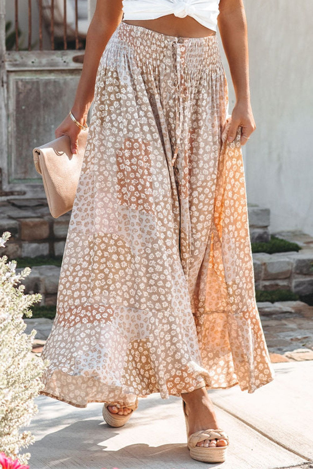 Smocked Waist Buttoned Bohemian Floral Maxi Skirt