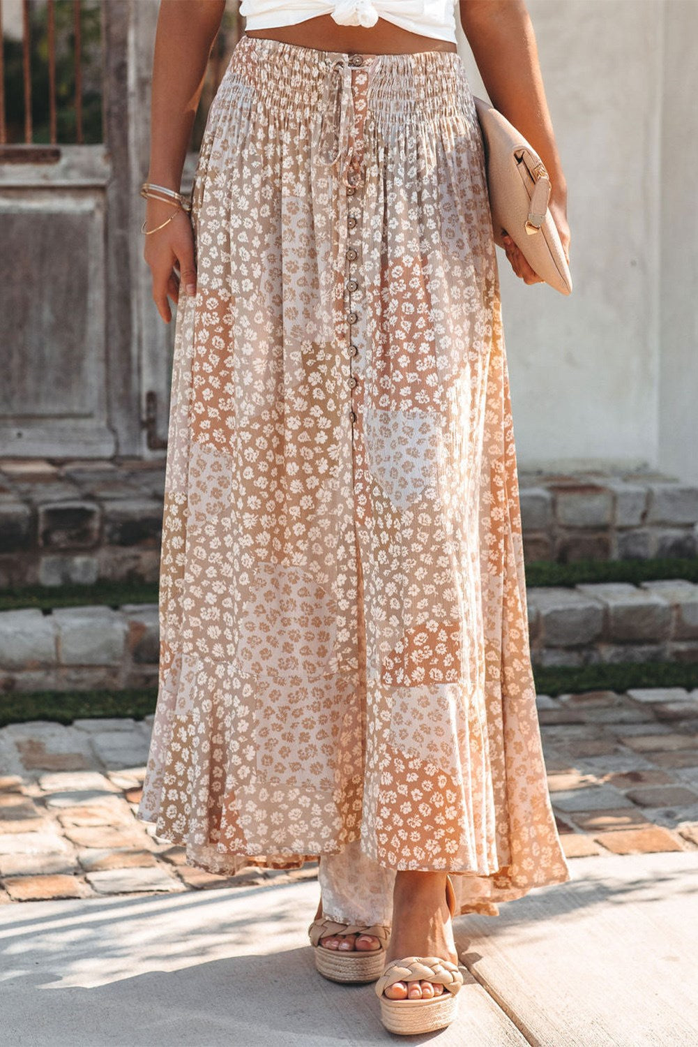 Smocked Waist Buttoned Bohemian Floral Maxi Skirt