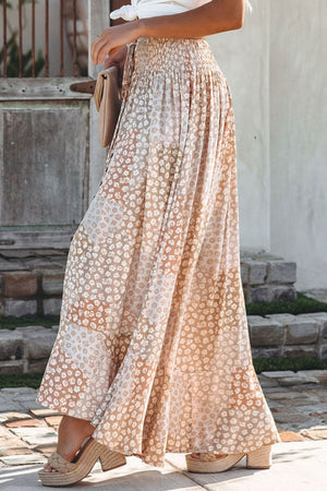 Smocked Waist Buttoned Bohemian Floral Maxi Skirt