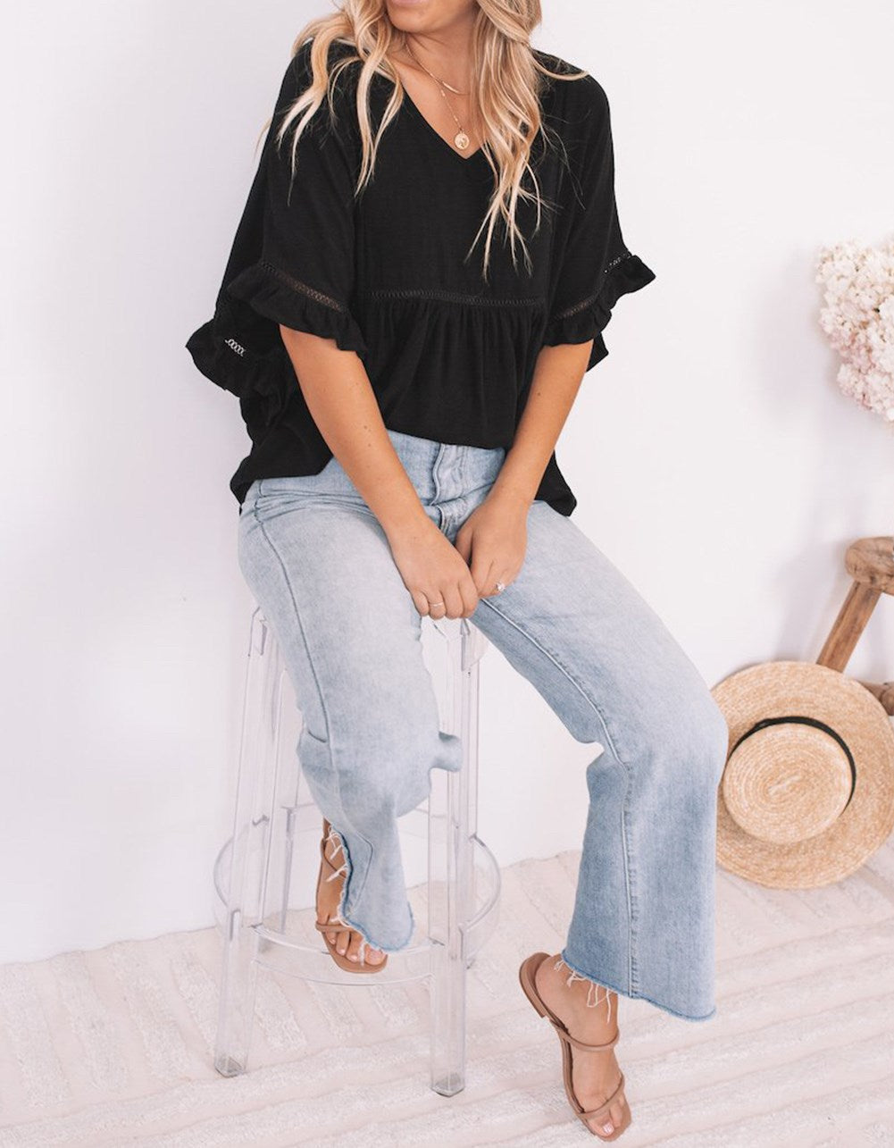 Solid Ruffled Gathered Top