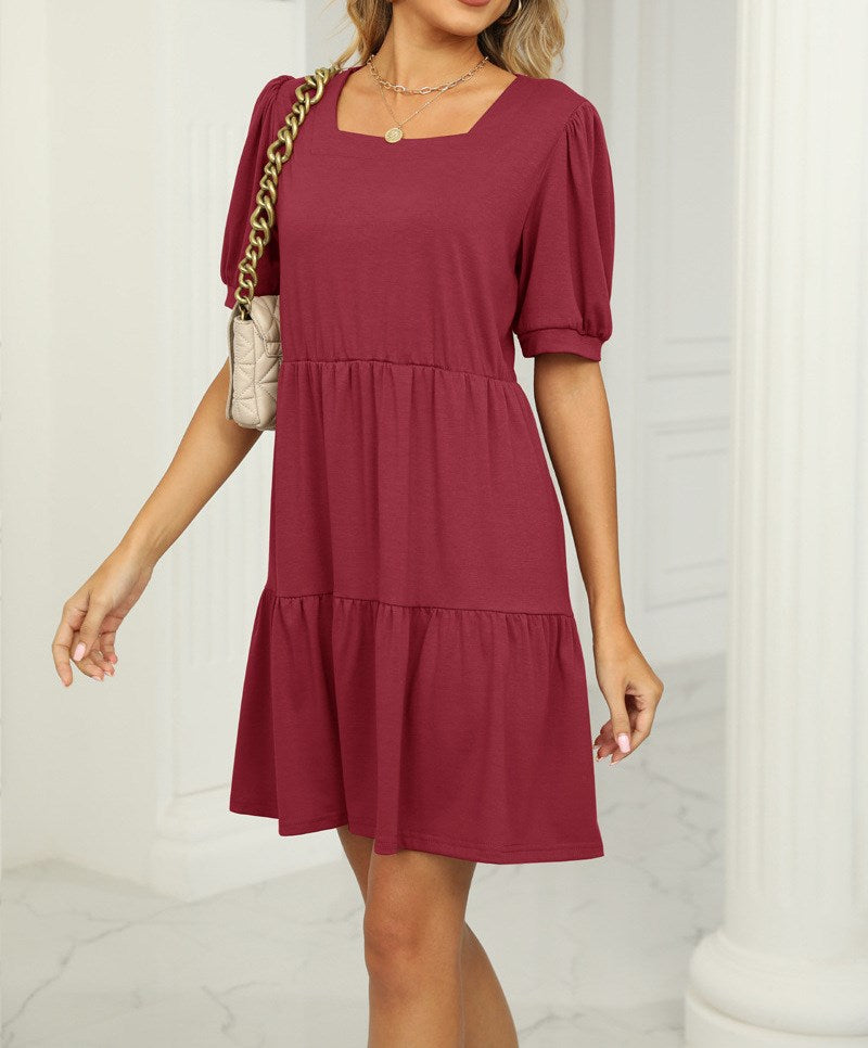 Square Neck Doll Sleeve Tier Dress