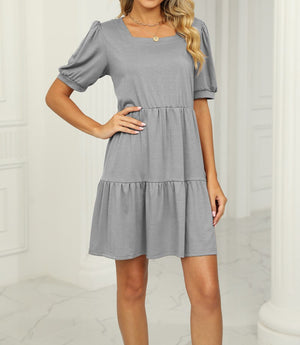 Square Neck Doll Sleeve Tier Dress