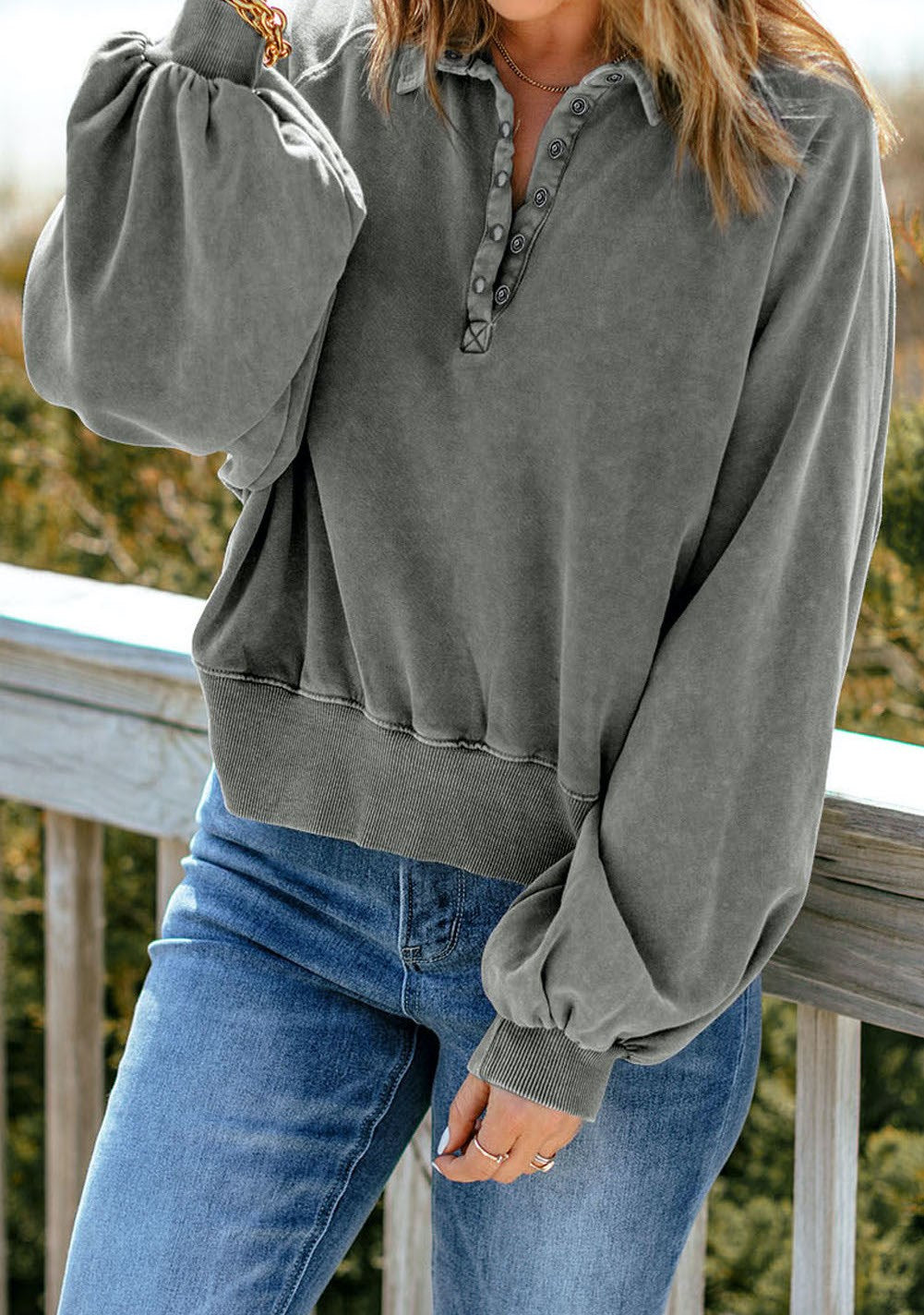 Stone Wash Puff Sleeve Snap Front Pullover