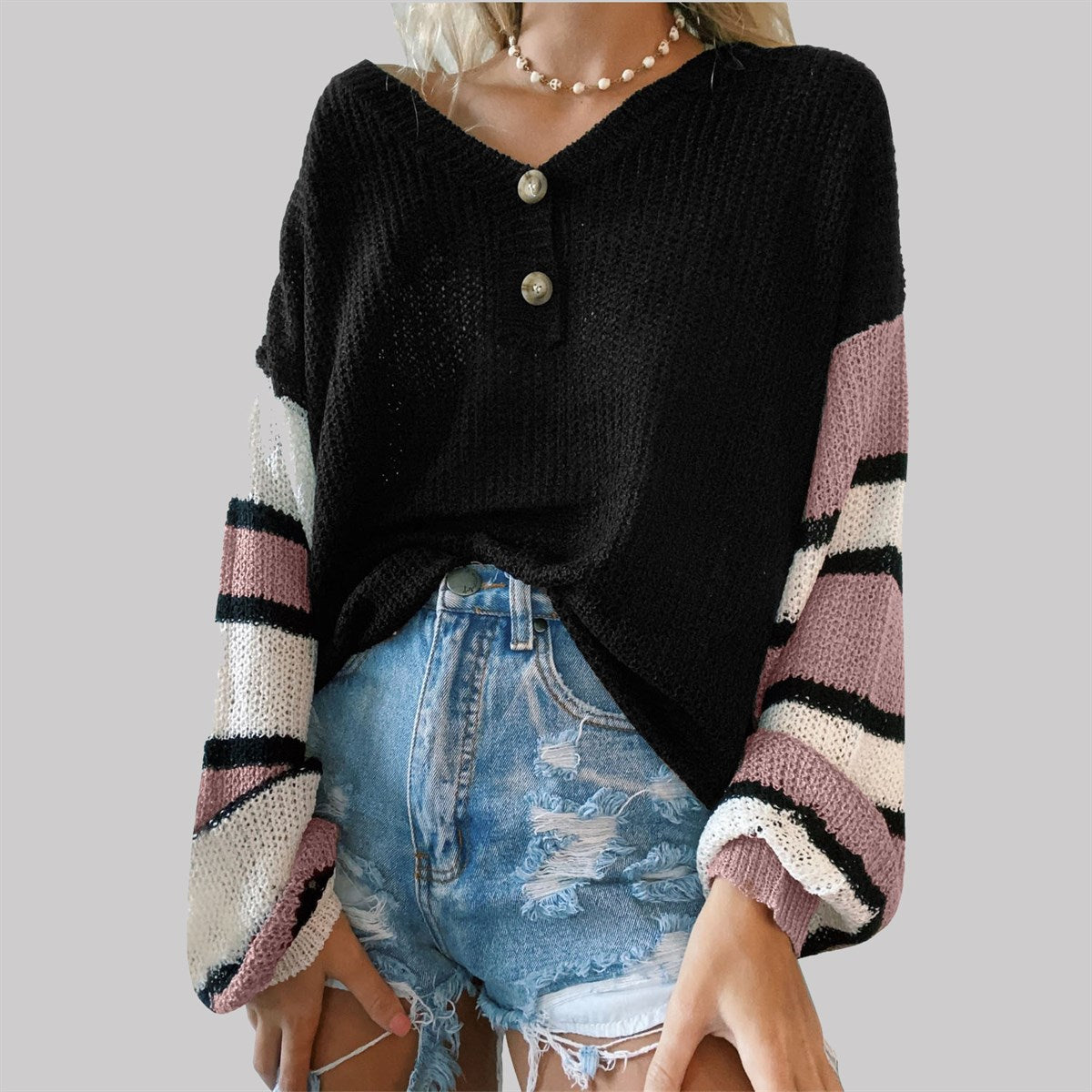 Striped Sleeve Drop Shoulder Knit Top