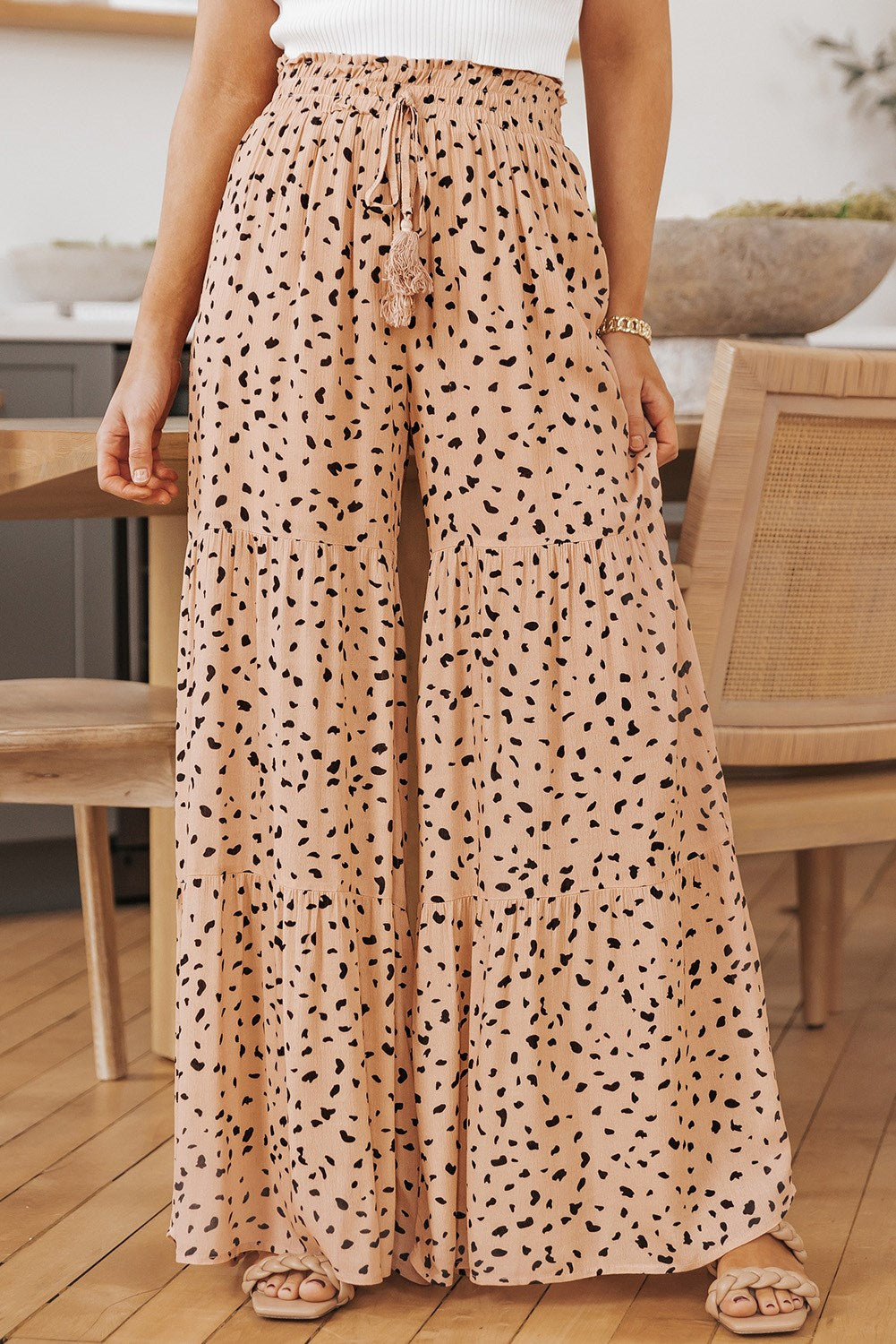 Tiered Palazzo Wide Leg High Waist Tassel Spotted Pants