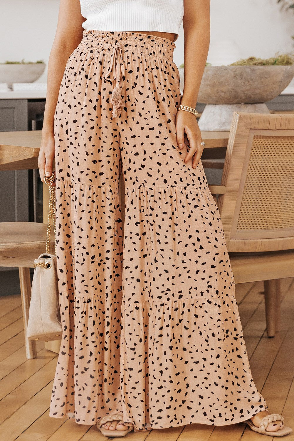 Tiered Palazzo Wide Leg High Waist Tassel Spotted Pants