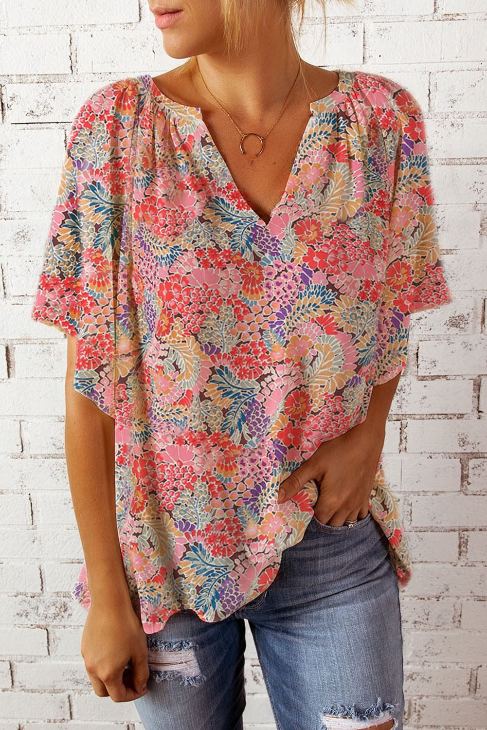 V Neck Draped Floral Top