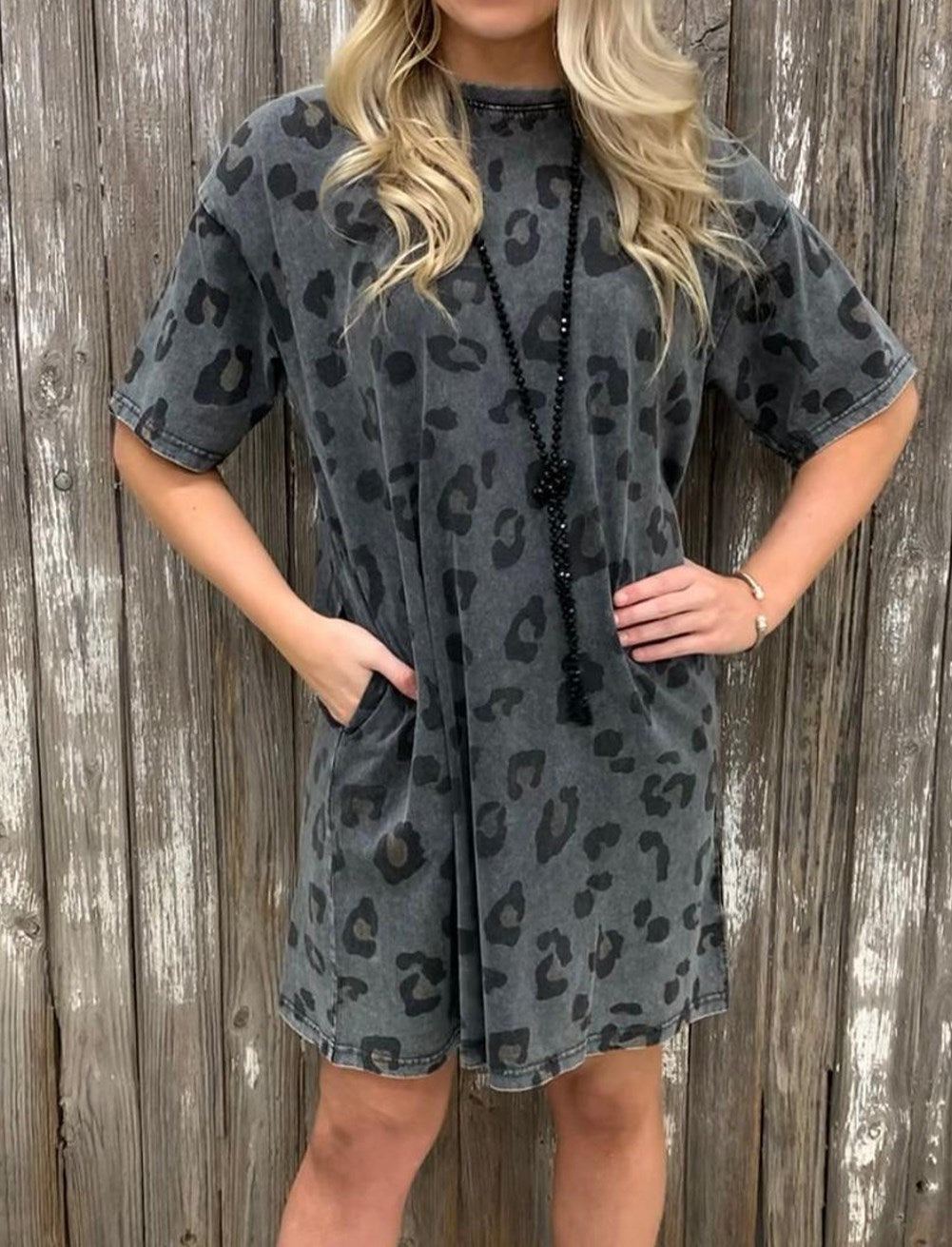 Vintage Stone Wash Leopard Pocket Mini Dress