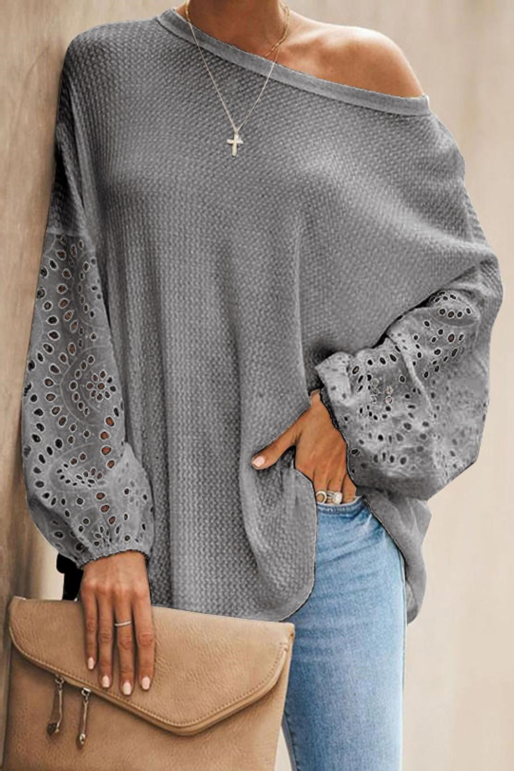 Waffle Eyelet Puff Sleeve Top