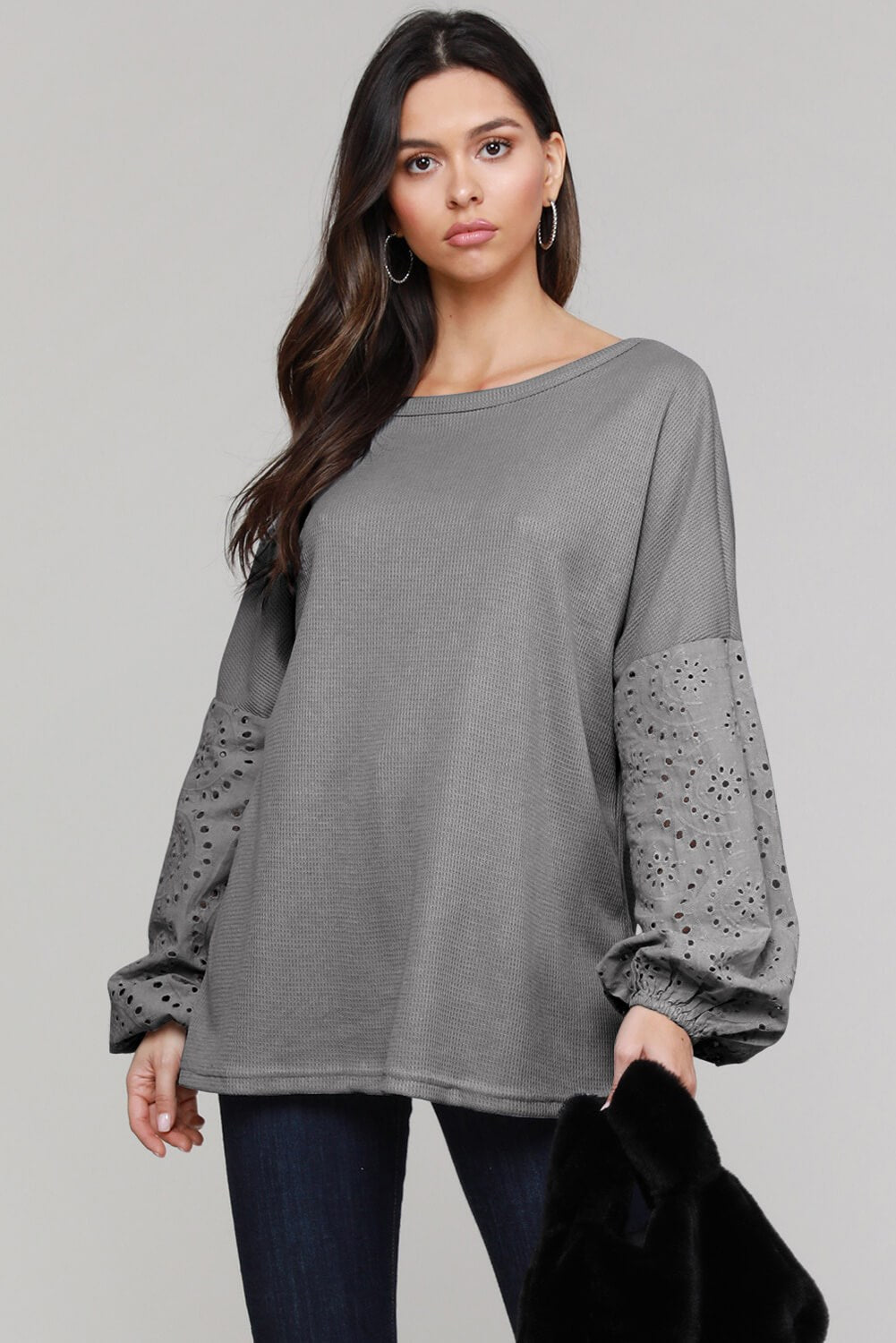 Waffle Eyelet Puff Sleeve Top